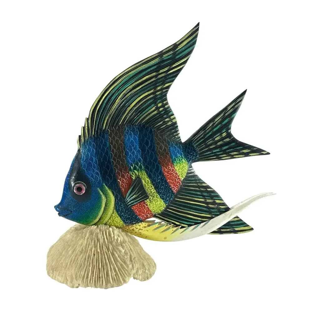 Vintage Nature Crafts Hand Painted Wood Angelfish Sculpture Coral Base 9”
